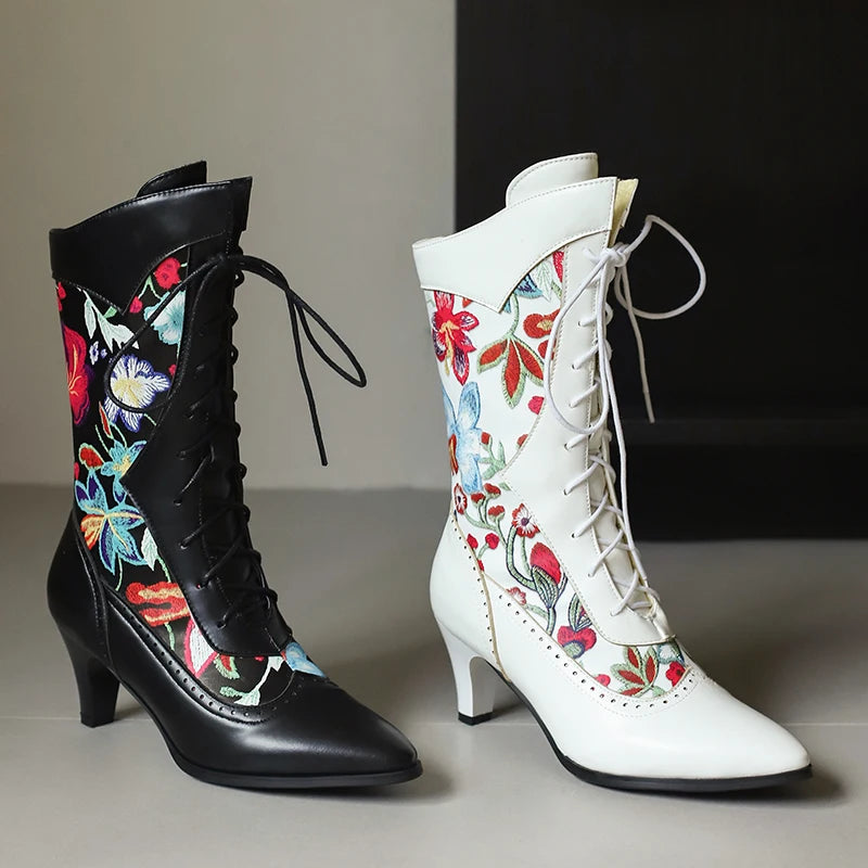 Plus Size Pointed Kitten Heel Printed Women's Mid-Calf Boots Embroidered With Flower Ties Short Plush Lining Ethnic Style Boots