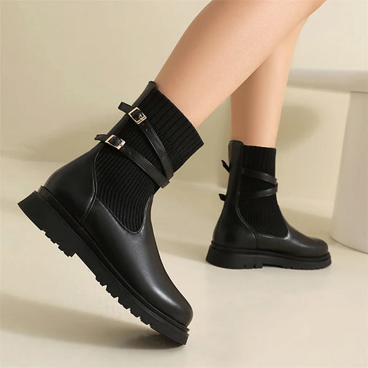 Knitted Yarn Splicing PU Cross Thin Belt Round Toe Thick Heel Plush Inner Socks Short Boot Flat Bottom Female Student Ankle Boot