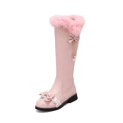 Pleated Lace Metal Chain Pearl Decoration Thick Sole Flat Heel Knee High Boots Bow Tie Faux Fur Side Zipper Lolita Girls' Shoes