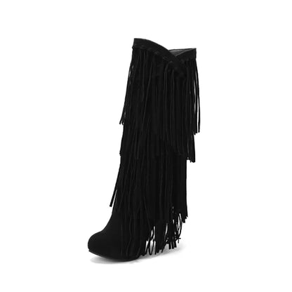 New High-Heeled V-Neck Fringed Women's Boots