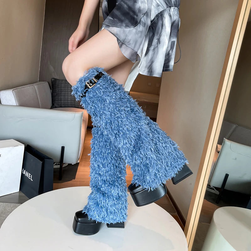 2024 Plus Size Ostrich Hair Splicing PU Fashion Fashion Women's Knee High Boots Square Toe High Platform Exaggerated Art Boots