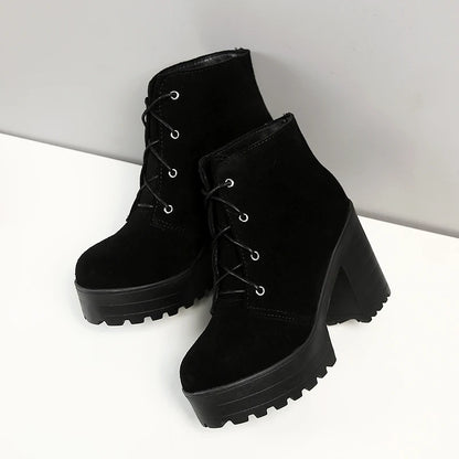 Frosted Suede High Waterproof Platform Classic Retro Short Boots Thick Plush Lining Winter New Lace Up Ankle Boots For Women