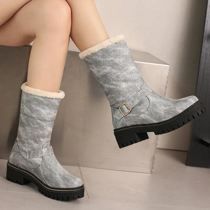 Fur Splicing PU Slip On Denim Leather Sweet Snow Boots