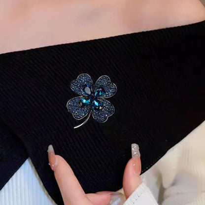 Lucky Four Leaf Clover Blue Crystal Brooch French Retro Corsage Fixed Clothes Pin Buckle for Women Wedding Dress Jewelry