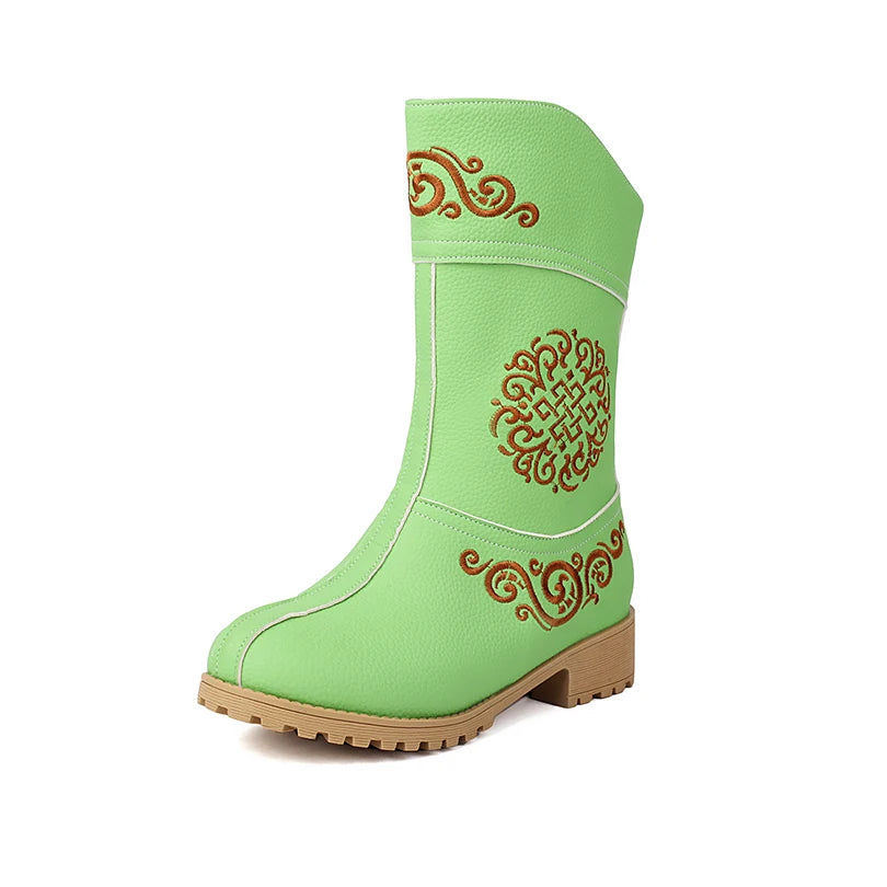 Ethnic Style Embroidery Floral Wood Grain Thick Heel Breathable Inner Short Boots Slip-On Minimalist Style Women's Boots