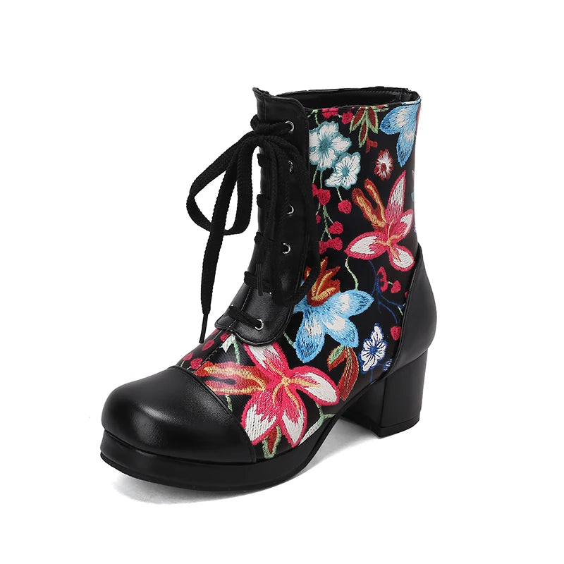 Embroidered Flower Lace Up Women's Short Boots With Round Toe Waterproof Platform Print, Simple Casual Boots With Medium Heels