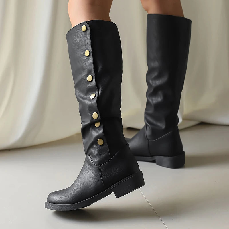 Plus Size Round Toe Thick Heel Short Plush Inner Rivet Button Women's Knee High Boots Classic Retro Western Boots