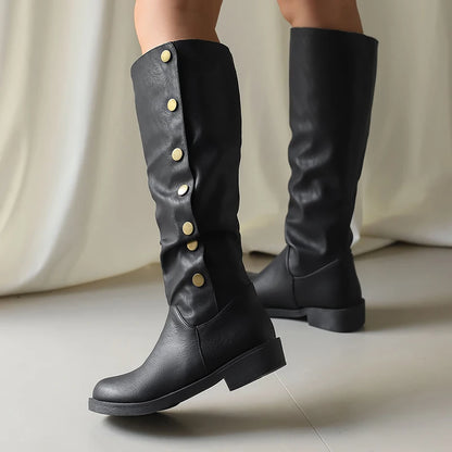 Plus Size Round Toe Thick Heel Short Plush Inner Rivet Button Women's Knee High Boots Classic Retro Western Boots