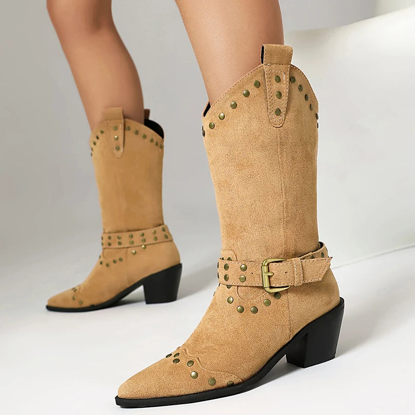 Plus Size Rivet Frosted Velvet Western Boots Pointed Cone Thick Heel Ankle Metal Belt Buckle Slip On Mid-Calf Boots Knight Boots