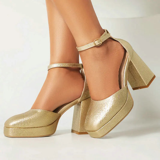 Golden Silver Closed Toe Women Shoes Spring Summer Shallow Mary Janes Pumps Big Size 47 48 Chunky High Heels Platform Sandals