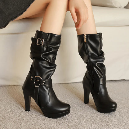 Round Metal Buckle Rivet Belt Buckle Side Zipper Breathable Knee High Boots Platform Ultra-High Thick Heel Women's Boots