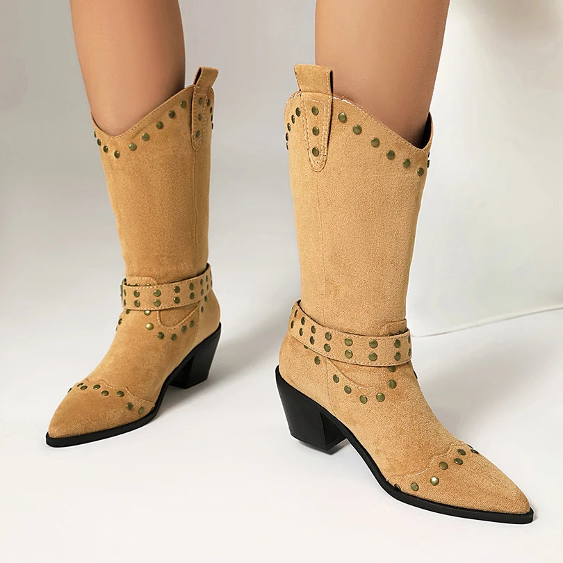 Plus Size Rivet Frosted Velvet Western Boots Pointed Cone Thick Heel Ankle Metal Belt Buckle Slip On Mid-Calf Boots Knight Boots