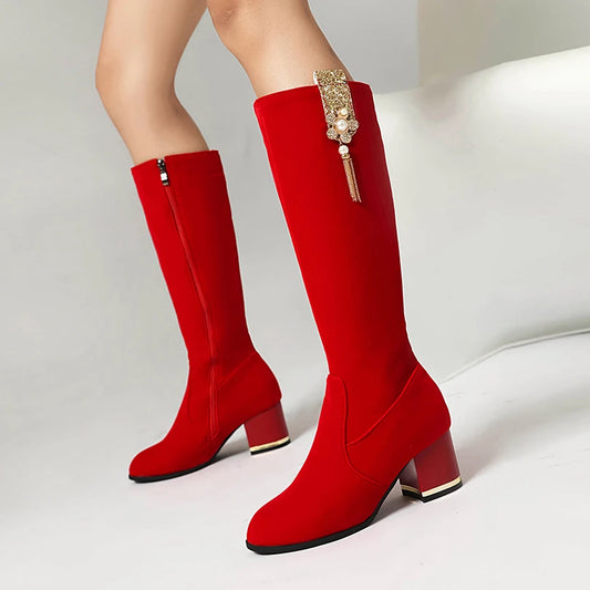 Matte Flock Material Sequin Fabric Pearl Flower Decal Women's Knee High Boots Round Toe Thick Heel Breathable Lining Long Boots