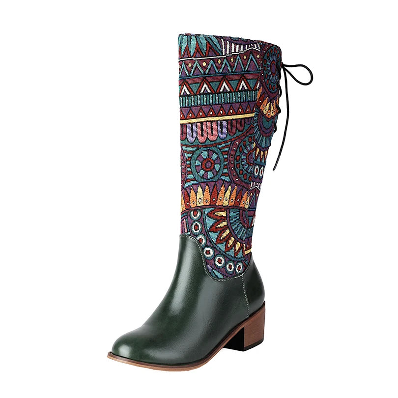 Plus Size Ethnic Style Pattern Printed Fabric Splicing PU Long Boots Cross Tie Straps Zippers Wood Grain Thick Heel Knee Boots