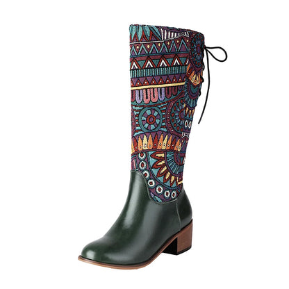 Plus Size Ethnic Style Pattern Printed Fabric Splicing PU Long Boots Cross Tie Straps Zippers Wood Grain Thick Heel Knee Boots