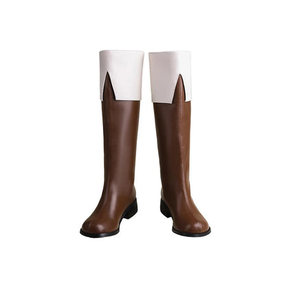 Plus Size Flanged PU Round Toe Mid Heel Zipper Knight Boots Brown Color Blocked White Women's Knee High Boots