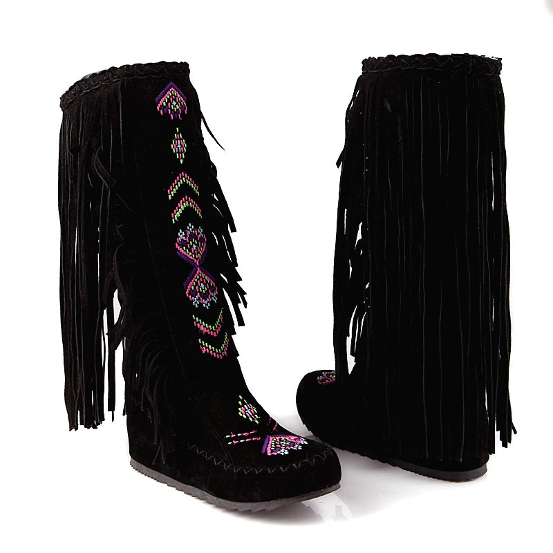 Plus Size Tassel Flock Embroidery Pattern Ethnic Style Women's Mid-Calf Boots Flat Bottom And Raised Plush Inner Lining Boots