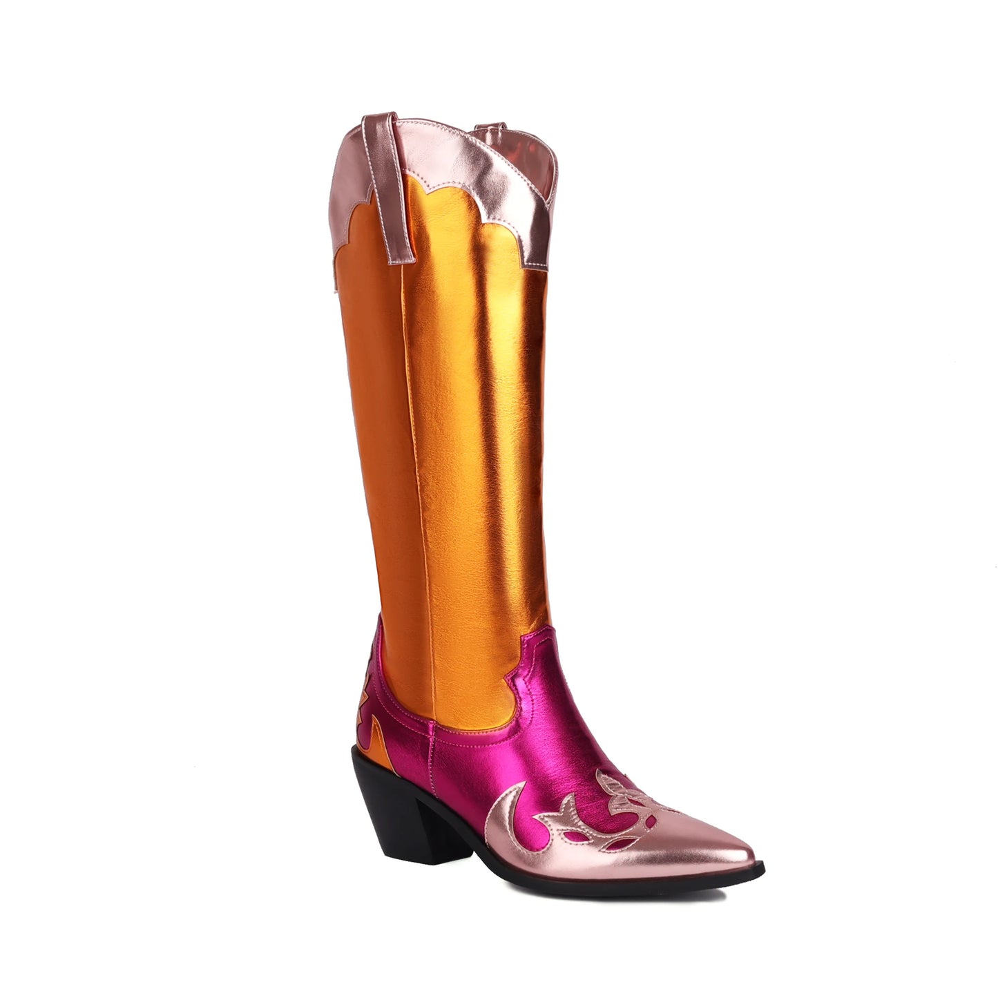 Plus Size High Gloss Microfiber Material Color Matching Boots Pointed Toe Tapered Thick Heels Breathable Lining Knee High Boots