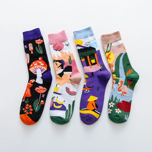 Occident Fashion Colorful Print Socks Women with Mushroom Spring Woman Socks Cotton Calcetines Mujer Meias 010202