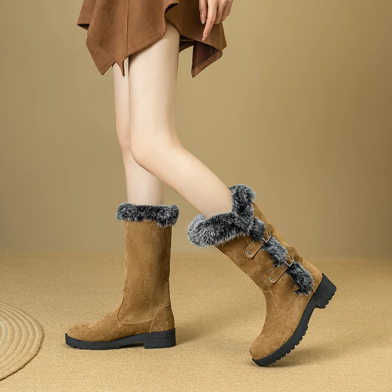 Matte Velvet Patchwork Fur Thick Plush Lining For Winter Boots Thick Sole Round Heel Double Row Metal Belt Buckle Mid-Calf Boots