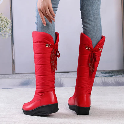 2024 Plus Size Winter Warm And Waterproof Down Cotton Boots With Tassel Lacing Flat Bottom Slope Heel Stripe Knee Length Boots