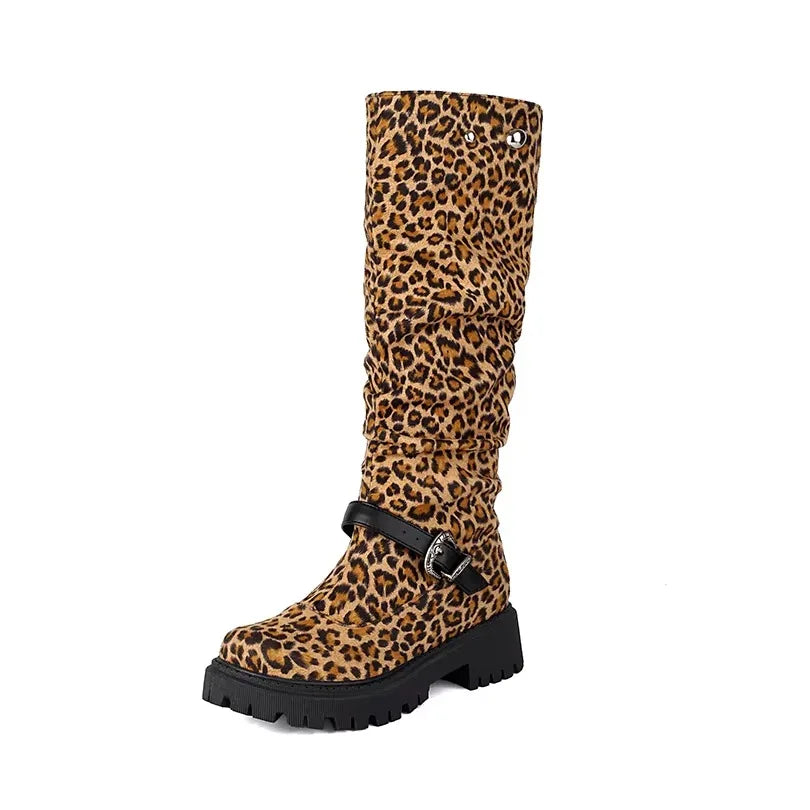 Red Flower Pattern Rivet Metal Belt Buckle Women's Knee High Boots Round Toe Thick Heel Waterproof Table Leopard Print Boots