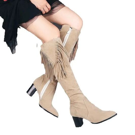 Plus Size Frosted Plush Material Ethnic Style Tassel Ribbon Western Boot Tip Thick Heel Plush Inner Zipper Knee High Boots