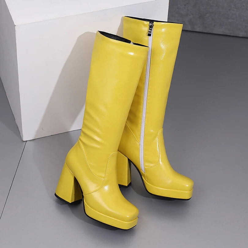 Square Toe Platform Ultra-High Thick Heel Soft PU Side Zipper Women's Knee High Boots With Plush Lining Autumn New Knight Boots