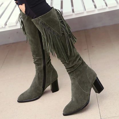 Plus Size Frosted Plush Material Ethnic Style Tassel Ribbon Western Boot Tip Thick Heel Plush Inner Zipper Knee High Boots