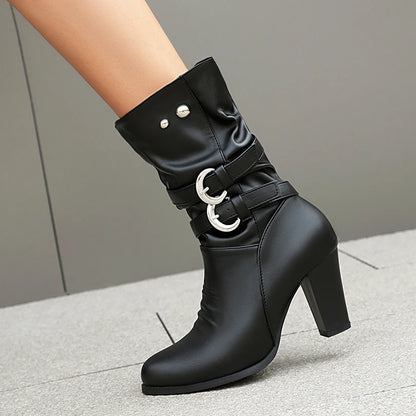 Plus Size Double Row Round Metal Buckle Plush Inner Lining Western Boots Ultra-High Thick Heels Slip-On Women's Mid-Calf boots