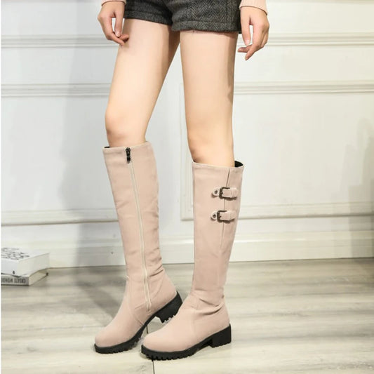 Plus Size Frosted Flock Boot Material Double Row Metal Belt Buckle Side Zipper Women's Knee Boots Round Toe Thick Heel Long Boot