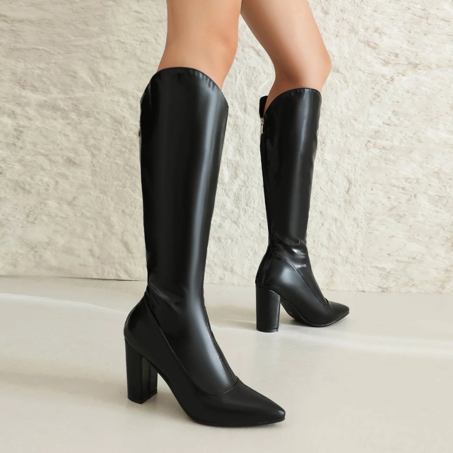 Pointed, Super High, Thick Heels Zippered Back, Classic Retro Knight Boots Breathable Velvet Lining Knee Boots For Sexy Women