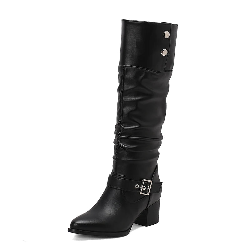 Plus Size Flipped Rivet Ankle Metal Buckle Retro Knight Boots Pointed Toe Thick Heel Frosted Velvet Material Knee High Boots