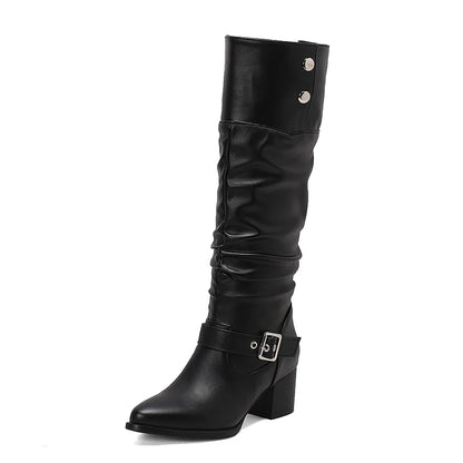 Plus Size Flipped Rivet Ankle Metal Buckle Retro Knight Boots Pointed Toe Thick Heel Frosted Velvet Material Knee High Boots