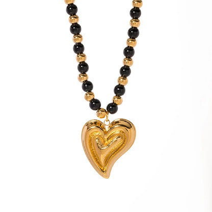 Youthway Half Solid Heart Shaped Pendant Black Agate Beaded Stainless Steel Necklace Personalized Jewelry for Women