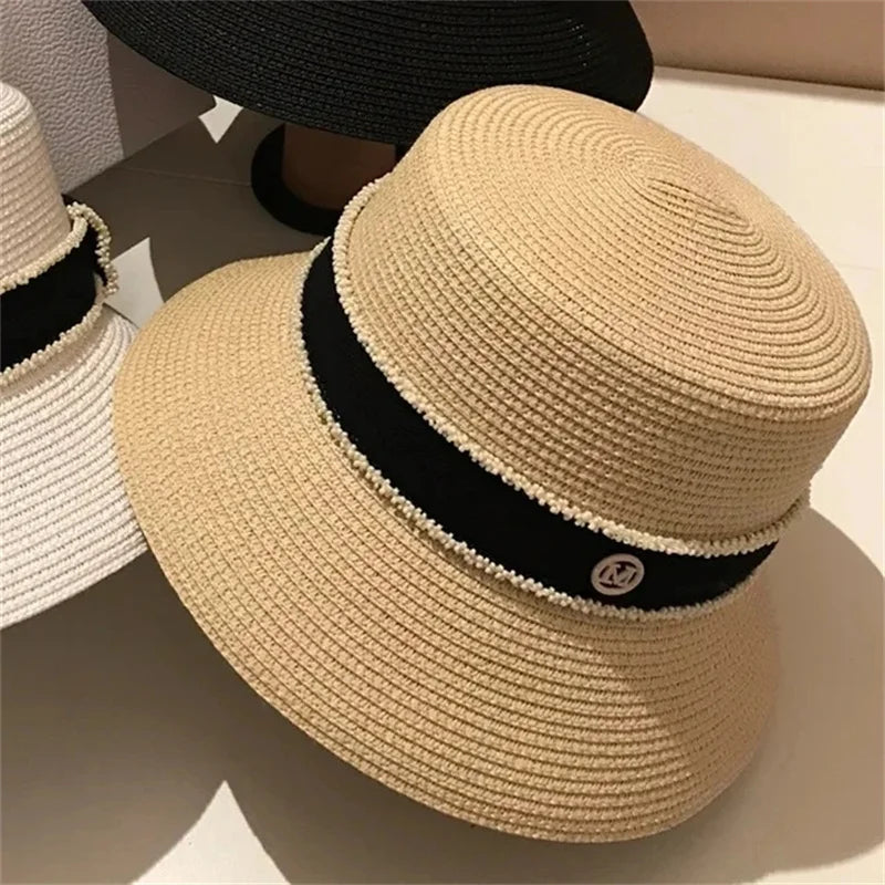 French straw hat summer sun hat tri-fold with letter accessories beach hat outdoor travel anti-UV women's hat  여름모자 gorras