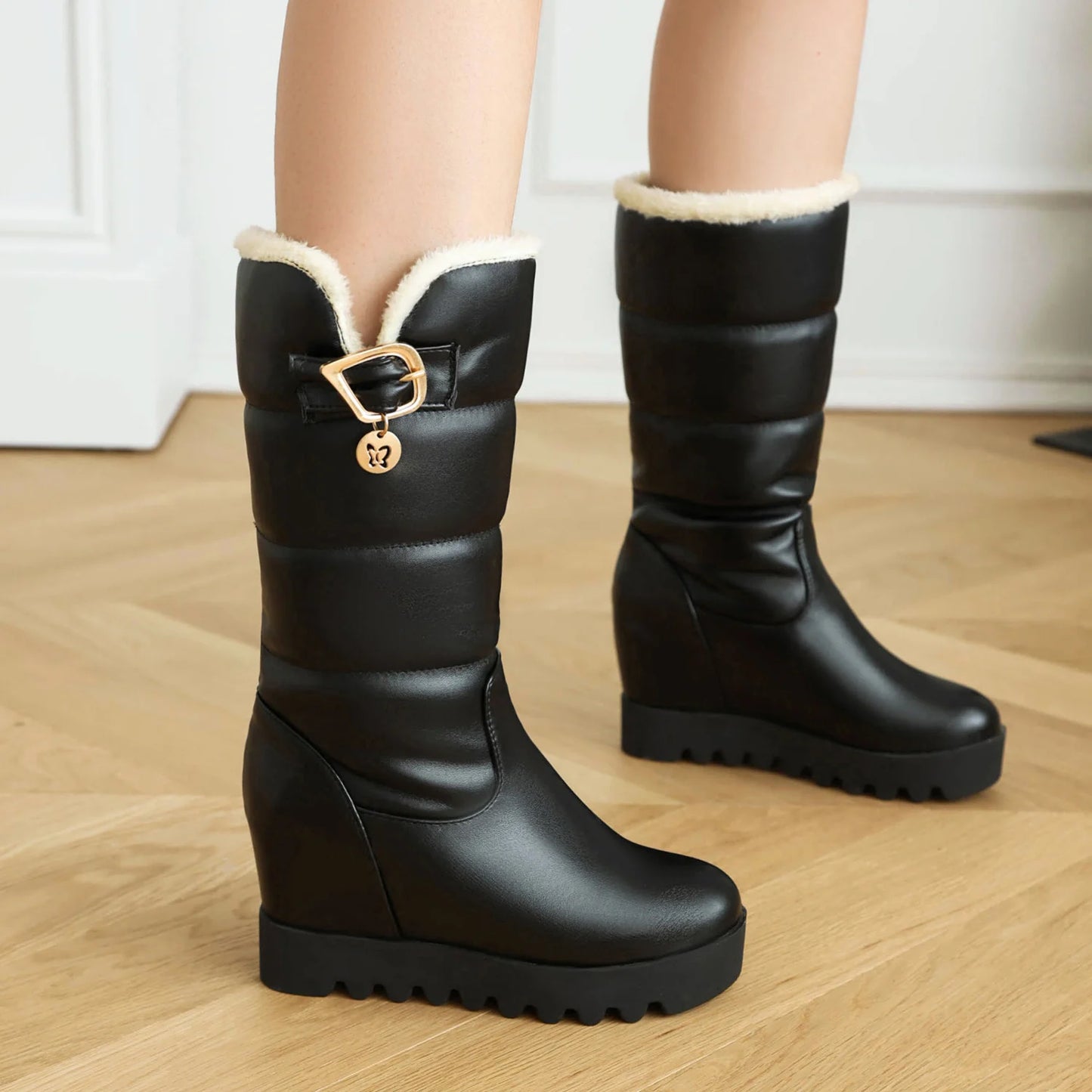 Slope Heel Flat Bottom Metal Belt Buckle Thick Plush Lining Winter Long Tube Women's Boots Platform Sponge Sole Knee High Boots