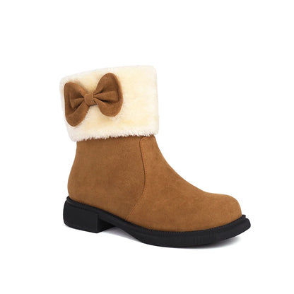 Fur Patchwork Frosted Flock Thick Fur Lining Anti Slip Flat Bottom Snow Boots With Bow Tie Decals Cute Slip-On Girls' Short Boot