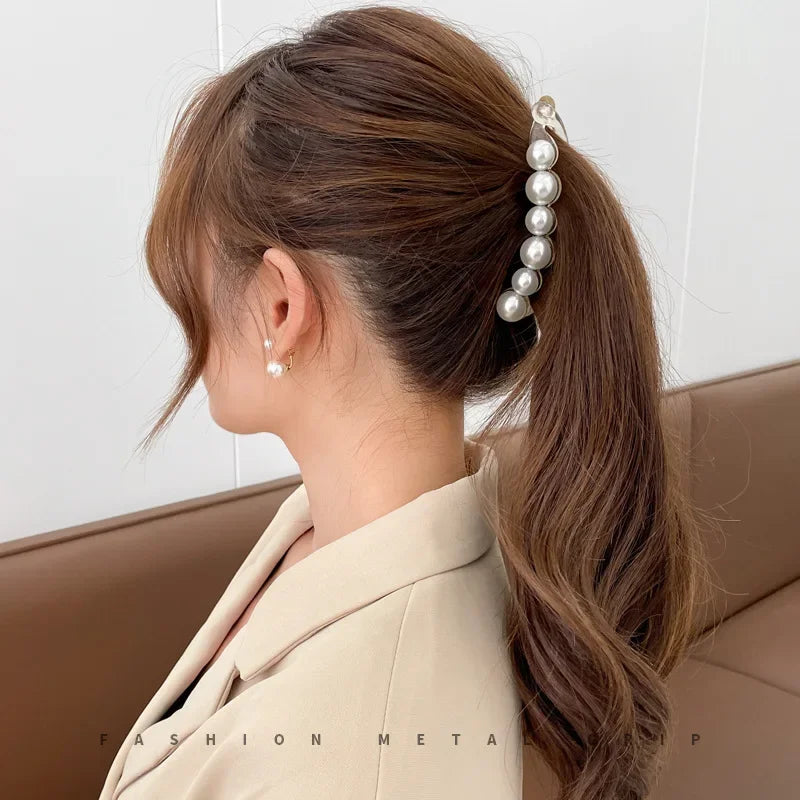 Elegant Pearl Banana Clip Vertical Clip Twist Ponytail Holder Hairpin Hair Clip Claw Clamp Headwear Girls Women Hair Accessories