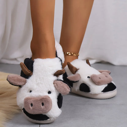 Evshine Women's Cute Milk Cow Furry Slippers Winter Warm Plush Lined Non-slip House Slipper Female Fur Fluffy Casual Flat Slides