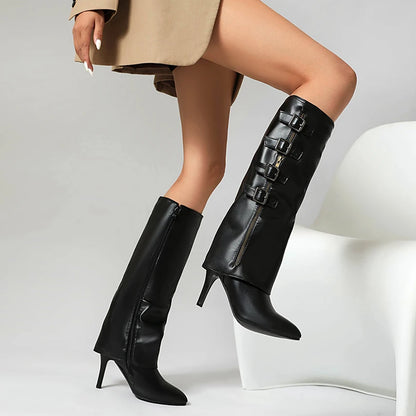 Plus Size Four Row Metal Belt Buckle Pointed Super High Thin Heel Sexy Knee High Boots Turned Over Edge Side Zipper Fashion Boot