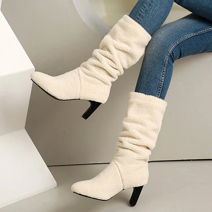 Cashmere Winter Warm Women's Boots Round Shaped Square Heel Thick Plush Lining Snow Boots Artificial Lamb Wool Knee High Boots