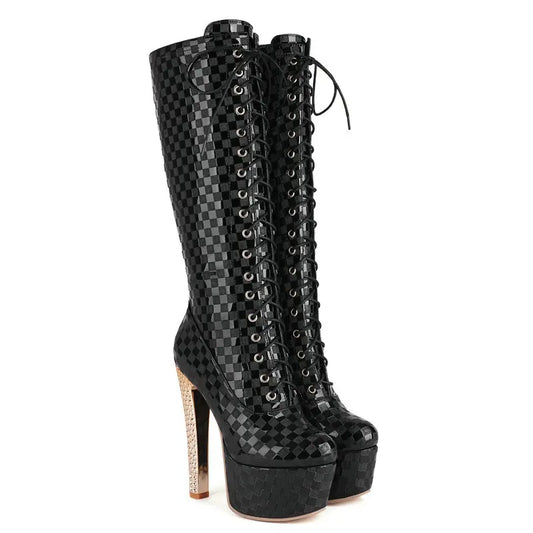 Black Gold Heels Lace-up Sexy Knee-high Stripper Winter Warm Shoes