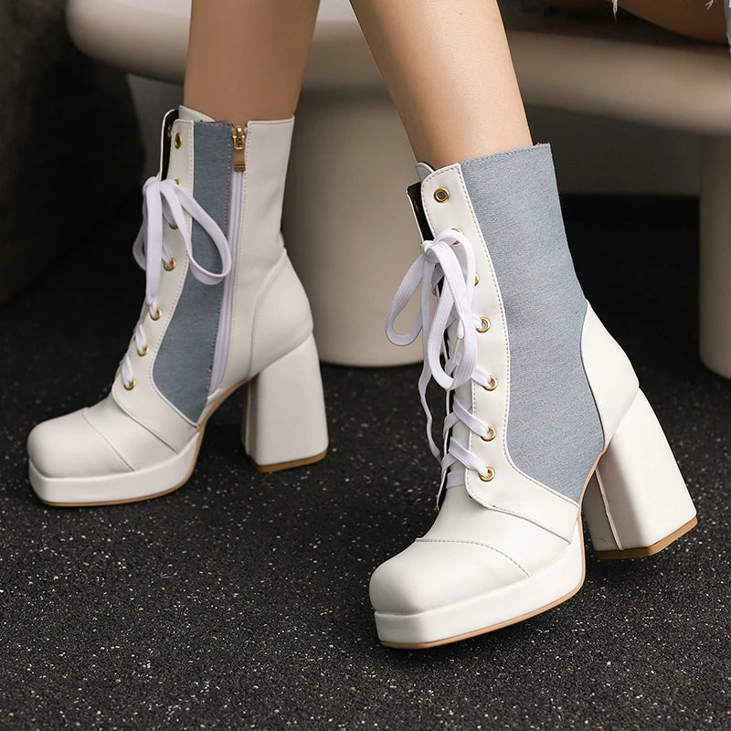 Oversized 46 47 White Blue Mixed Color Denim Shoes Women Cowboy Block High Heels Boot Lace-up Platform Ankle Goth Winter Boots