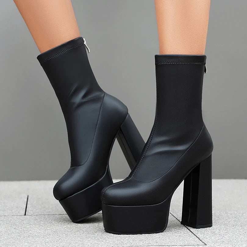 Plus Size Round Toe Super High Thick Heel High Platform Back Zipper Fashion Women's Boots Breathable Inner Elastic Boots