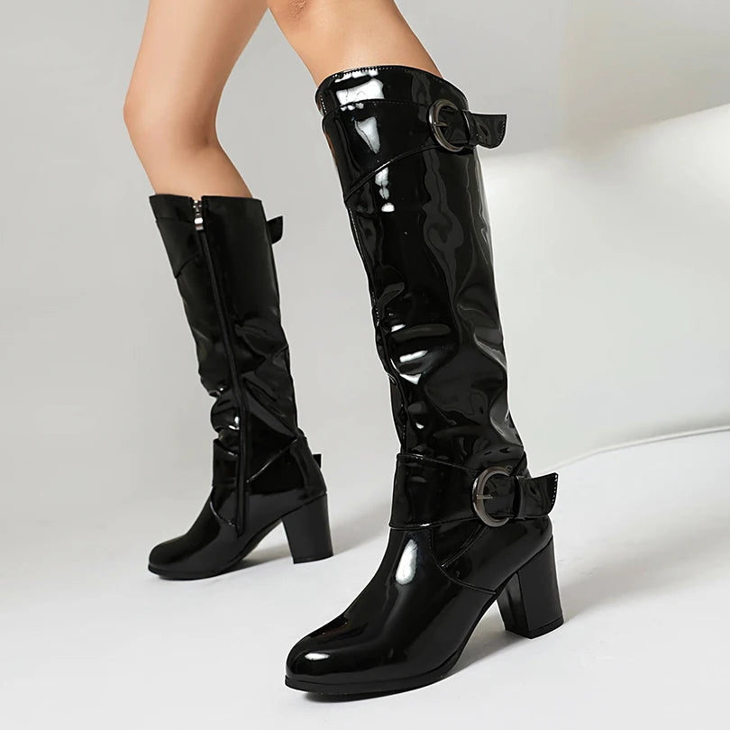 Round Toe Thick Heel Lacquered Leather Upper Side Zipper Knee High Boots Double Row Circular Metal Belt Buckle Breathable Boots