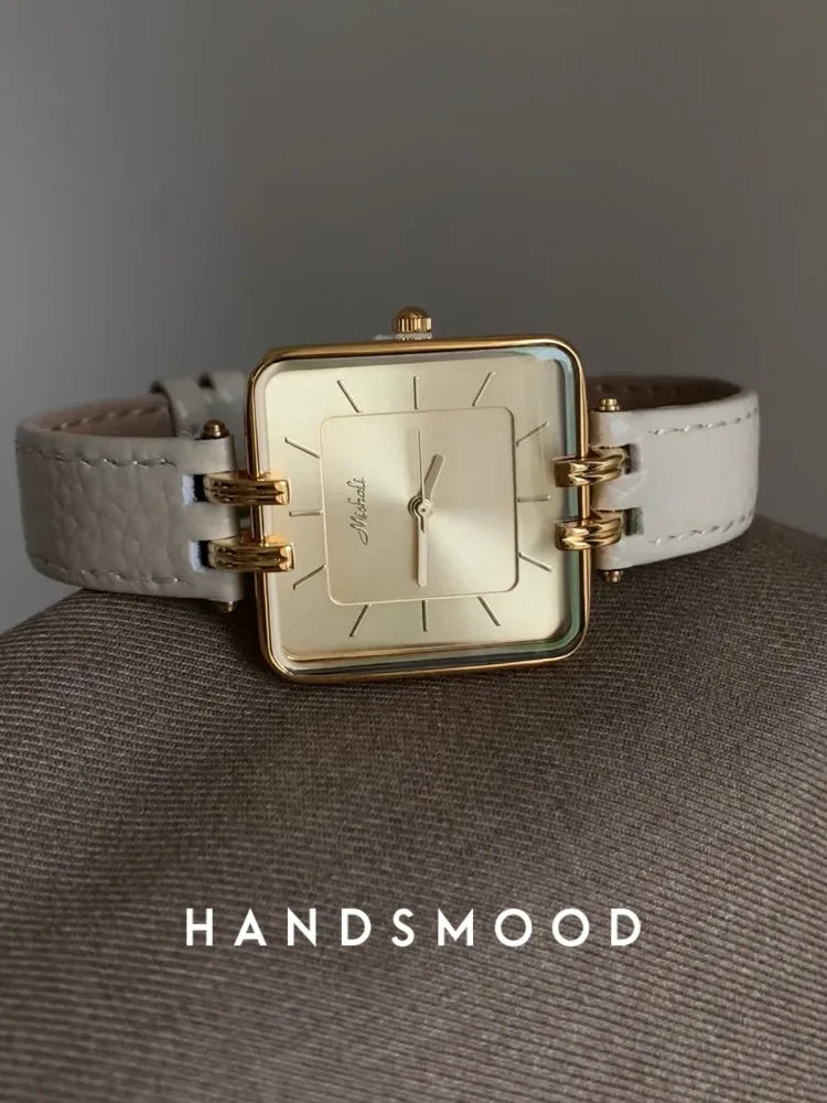 Retro Rectangle Gold Leather Women's Watch Leisure Quartz Japanese Movement Waterproof Clock Office Women's Watch Montes Femmes