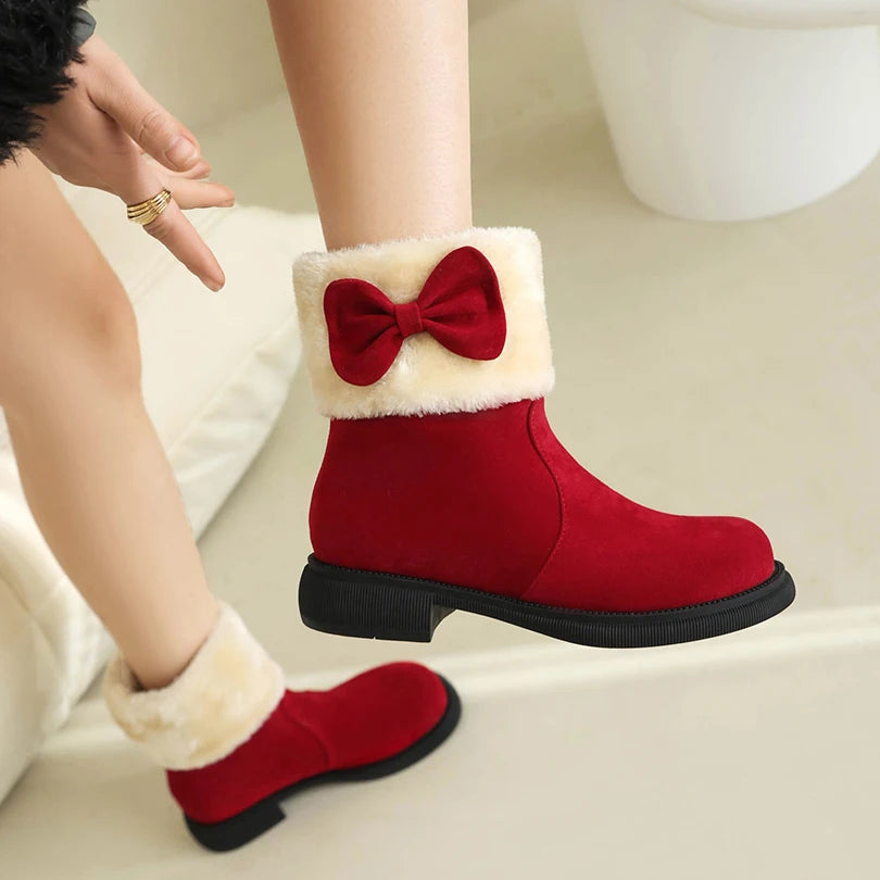 Fur Patchwork Frosted Flock Thick Fur Lining Anti Slip Flat Bottom Snow Boots With Bow Tie Decals Cute Slip-On Girls' Short Boot