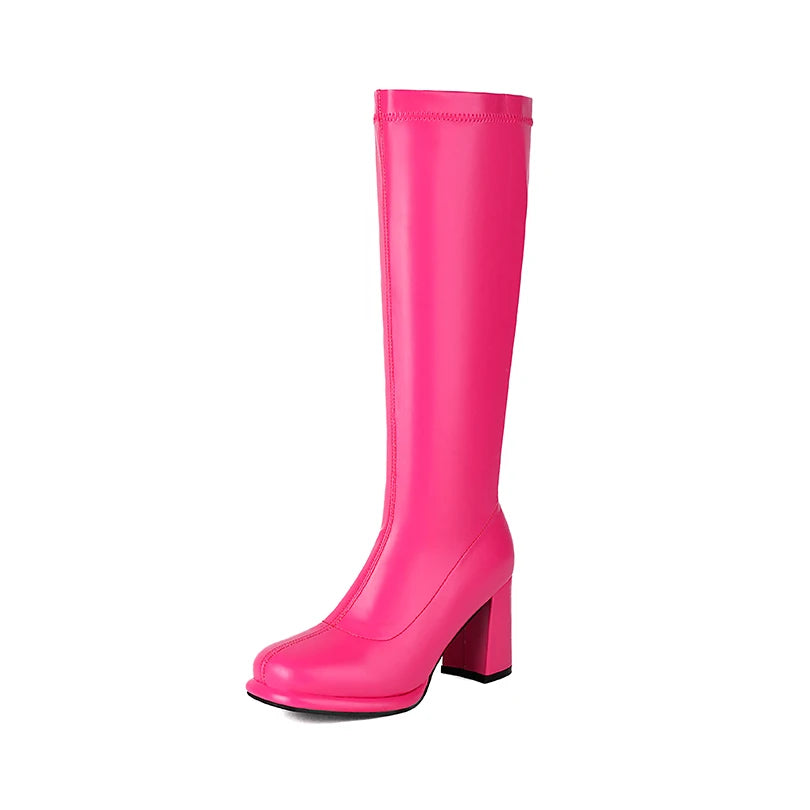 Plus Size Round Toe Platform Ultra-High Thick Heel Sewing Slip-On Women's Knee High Boots Concise Style Knight Boots