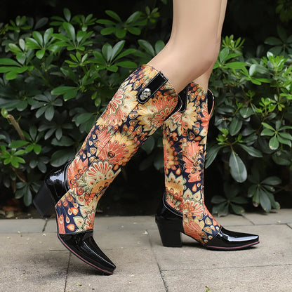 Plus Size Pointed High Heel Printed Fabric With Glossy Patent Leather Metal Buckle Decoration For Women's Knee Length Boots